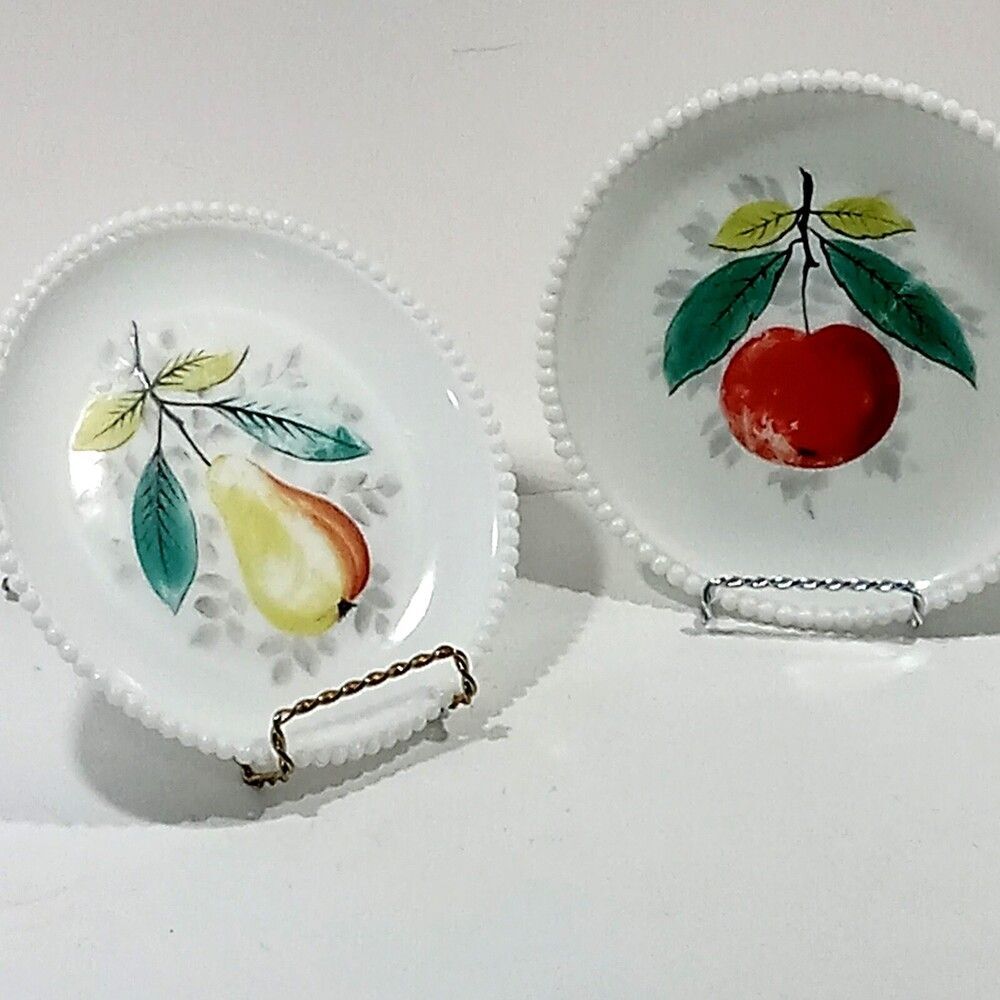 White Milk Glass Painted Fruit Decorative Beaded Plates 7 in  Pear Apple